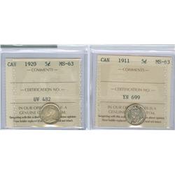 1911 & 1920 5¢ ICCS MS63.  Lot of 2 coins.