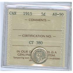 1915 5¢ ICCS AU50. Bright issue with lustre.