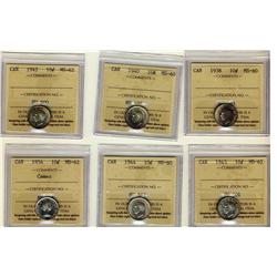 1938 MS60, 1940 MS60, 1942 MS62, 1943 MS62, 1944 MS60& 1954 MS62 Cameo 10¢, Lot of 6 ICCS graded coi