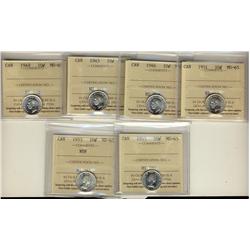 1945, 1946, 1949, 1951, 1953 NSF & 1955 10¢ ICCS MS65.  Lot of 6 coins all blast white.