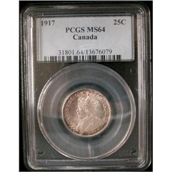 1917 25¢ PCGS MS64.  Light tone with strong lustre.