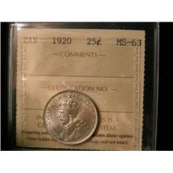 1920 25¢ ICCS MS63.  Full white example.