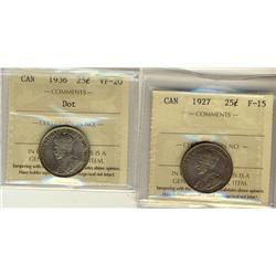 1927 25¢ F15 and 1936 25¢ Dot VF20.  Lot of 2 key coins both ICCS graded.