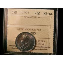 1927 25¢ ICCS MS64. Intense bluish tones over full underlying lustre.  Excellent strike with clean f