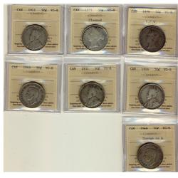 1870, 1871 Clnd, 1911, 1916, 1931, 1945 & 1946 Des 50¢ ICCS VG8.  Lot of 7 coins.