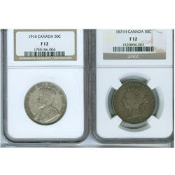1871H & 1914 50¢ NGC F12.  Lot of 2 coins.