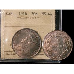1916 50¢ ICCS MS64.  Lovely toning with underlying lustre. Excellent strike with clean fields and ni