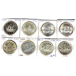1935, 1936, 1939, 1949, 1950, 1951, 1952 & 1955 $1. Lot of 8 coins Au toMS60+.