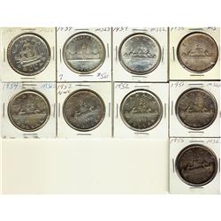 1935, 1937, 1939, 1949, 1951, 1952, 1952 NWL, 1954 & 1955 $1.  Lot of 9 coins all AU50+.
