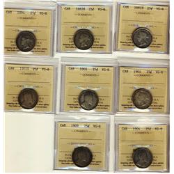 1881H, 1882H, 1894, 1901, 1902, 1902H, 1904 & 1909 25¢ ICCS VG8.  Lot of 8 coins.
