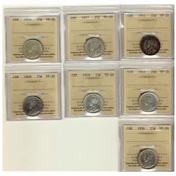 1911, 1913, 1916, 1917, 1918, 1928 & 1936 25¢ ICCS VF20.  Lot of 7 coins.