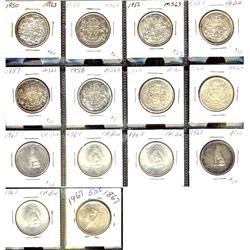 1950, 1951, 1952, 1957(2), 1958, 1962, 1963 & 1967(6) 50¢.  Lot of 14 pcs AU55 to MS60.