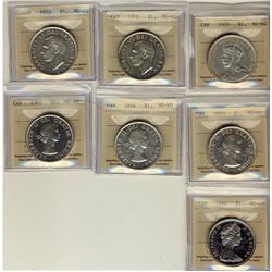 1935, 1952 WL, 1952 NWL, 1953 NSF, 1954, 1963 & 1966 $1 ICCS MS60.  Lot of 7 coins.