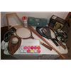 Image 1 : Vintage Sports Lot With Straw Broomsticks and Mint Condition Wooden Tennis Racquet Plus More