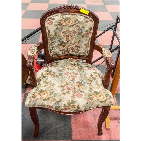 UPHOLSTERED CARVED STYLE ARM CHAIR