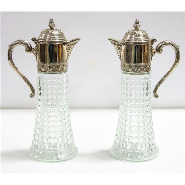 PAIR OF SILVER PLATED GLASS PITCHURES