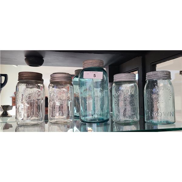 FIVE ANTIQUE CROWN SEALER JARS