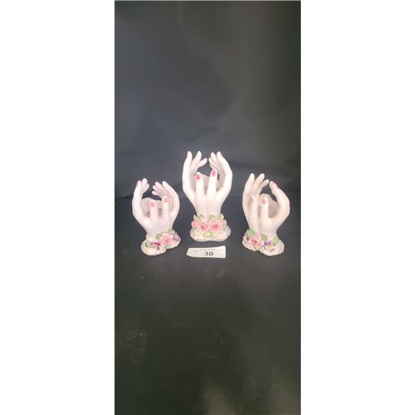 THREE VINTAGE L'AMOUR CHINA HAND PAINTED HAND VASES