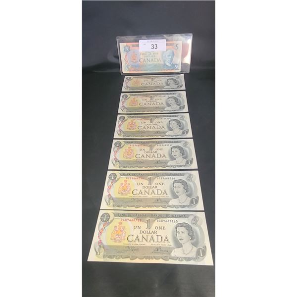 FIVE UNCIRCULATED CANADIAN 1973 $1 BILLS & 1979 CIRCULATED $5 BILL