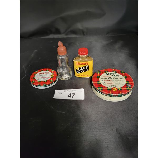 FOUR VINTAGE TAPE & GLUE CANS & BOTTLES