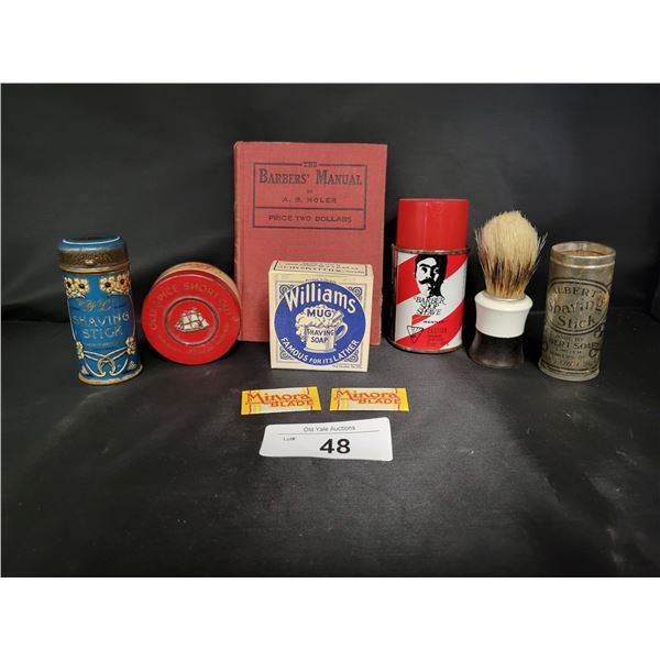 EIGHT ANTIQUE/VINTAGE BARBER & SHAVING COLLECTIBLES