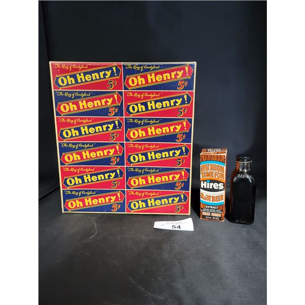 LARGE VINTAGE O' HENRY CHOC. BAR BOX & VINTAGE HIRES ROOTBEER EXTRACT BOTTLE-FULL