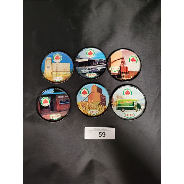 SIX VINTAGE CO-OP METAL COASTERS