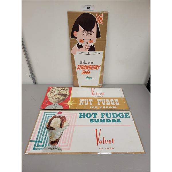 THREE VINTAGE ICE CREAM PAPER SIGNS