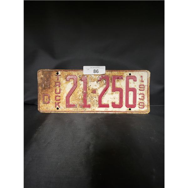 HARD TO FIND 1939 NORTH DAKOTA TRUCK LICENSE PLATE