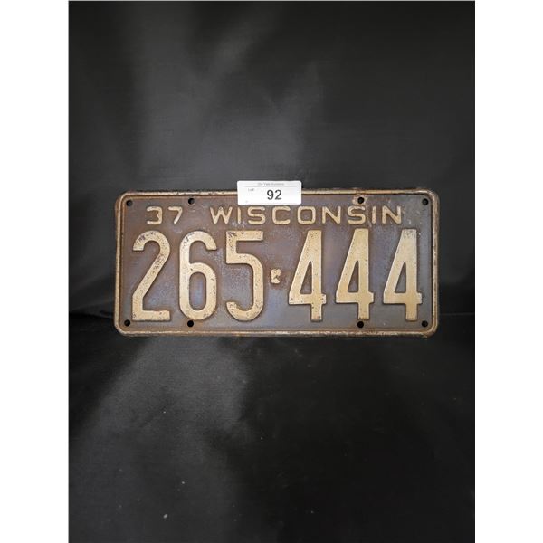 HARD TO FIND 1937 WISCONSIN LICENSE PLATE