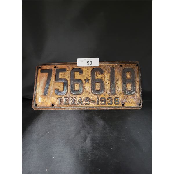 HARD TO FIND 1938 TEXAS LICENSE PLATE