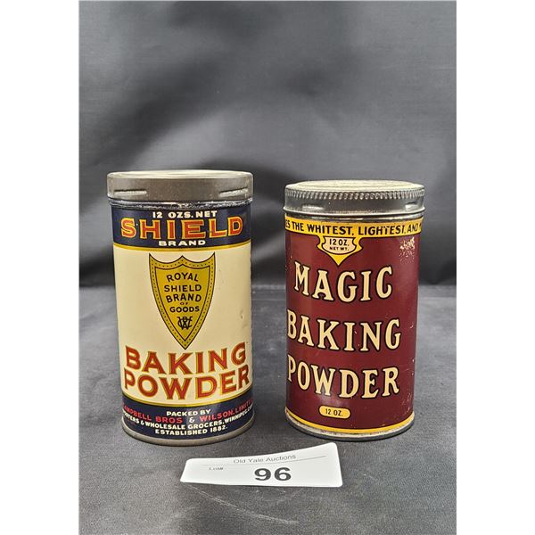 TWO VINTAGE SHIELD & MAGIC BAKING POWDER CANS