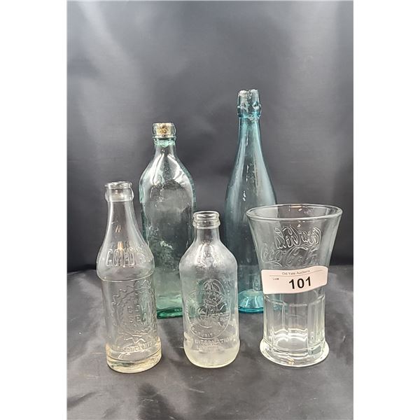 FIVE VINTAGE POP BOTTLES, COCA COLA GLASS & 2 EARLY BOTTLES