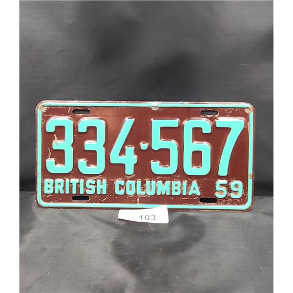 NICE CONDITION 1959 BC LICENSE PLATE