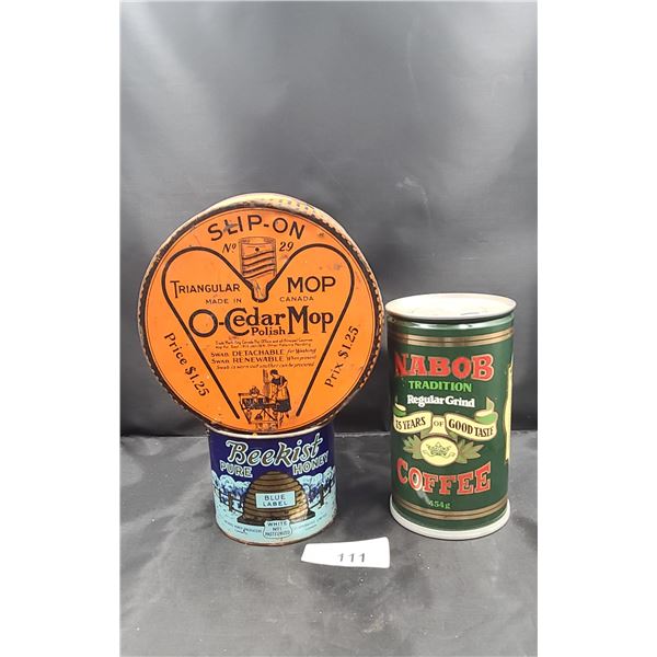 BEE KIST HONEY, SLIPON CEDAR MOP CAN, NABOB COFFEE CAN