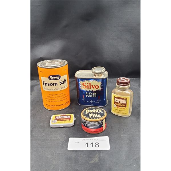 FIVE VINTAGE TINS & BOTTLES