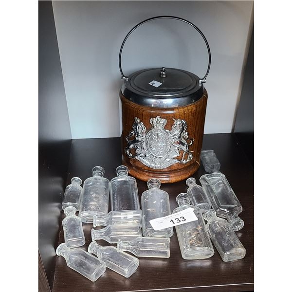 16 ANTIQUE APOTHECARY BOTTLES & BISCUIT BARREL