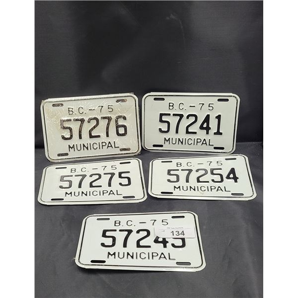 FIVE NOS 1975 BC MUNICIPAL LICENSE PLATES