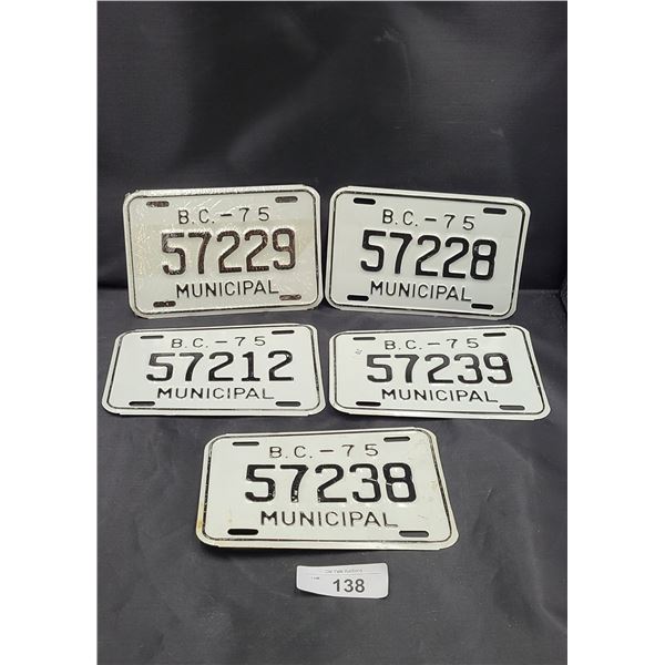 FIVE NOS 1975 BC MUNICIPAL LICENSE PLATES