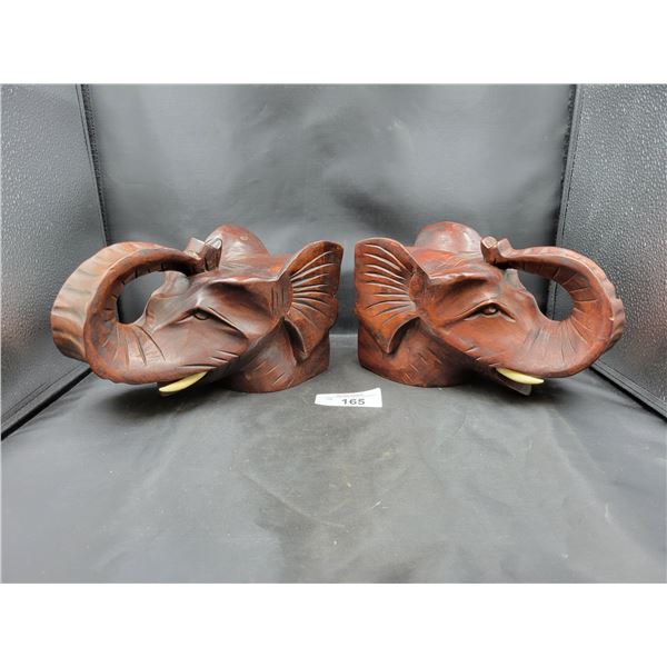 PAIR CARVED WOOD ELEPHANT HEAD BUSTS