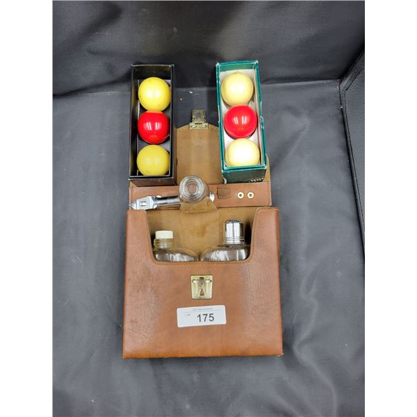 VINTAGE PORTABLE GENTLEMEN'S BAR SET W/LEATHER CASE & TWO SETS BILLIARD BALLS