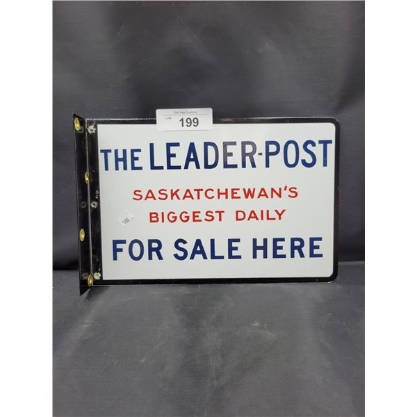 VINTAGE NOS "THE LEADERPOST" PORCELAIN DOUBLE SIDED FLANGE SIGN
