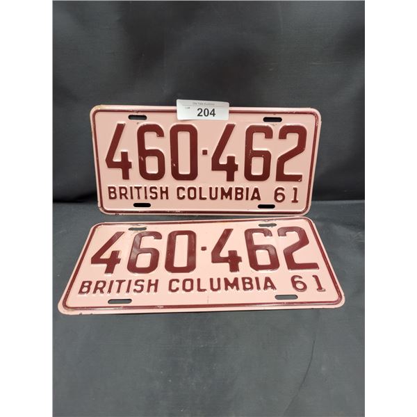 PAIR VERY GOOD CONDITION 1961 BC LICENSE PLATES