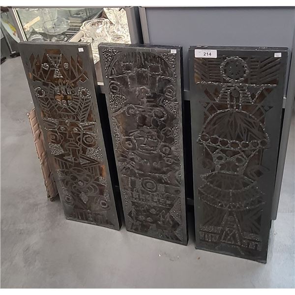 THREE METAL/WOOD DECORATIVE PANELS