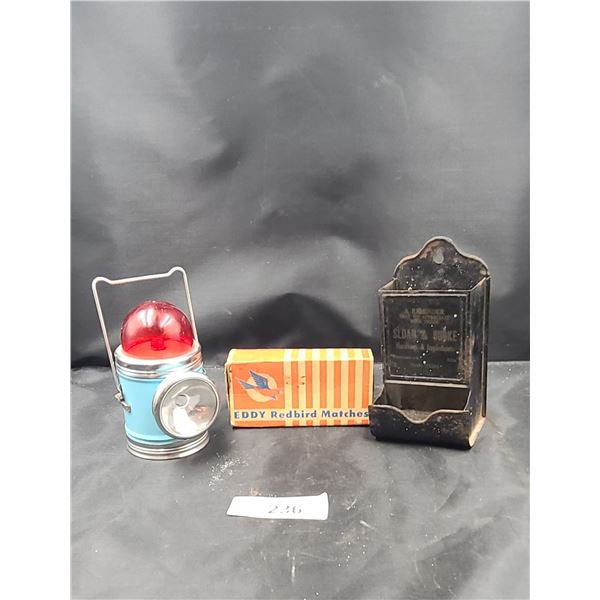 ANTIQUE MATCH HOLDER & VINTAGE LANTERN