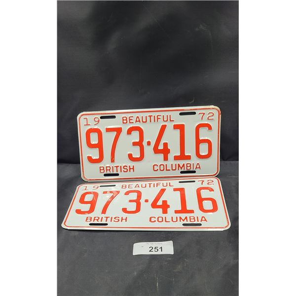 PAIR NOS 1972 BC LICENSE PLATES