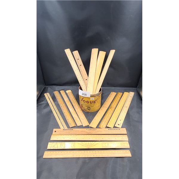 TOBACCO TIN W/COLLECTION WOOD RULERS
