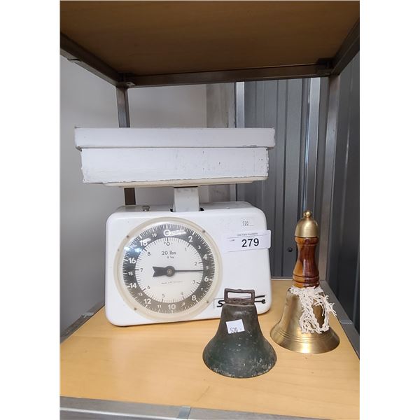 VINTAGE KITCHEN SCALE & TWO HAND BELLS