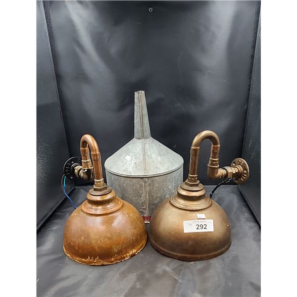 TWO COPPER INDUSTRIAL LAMPS & FUNNEL