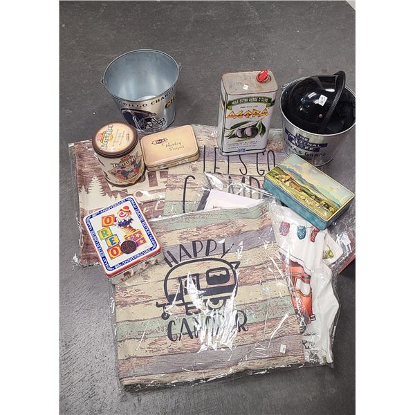 LARGE COLLECTION VINTAGE TINS, NEW PILLOW SHAMS ETC